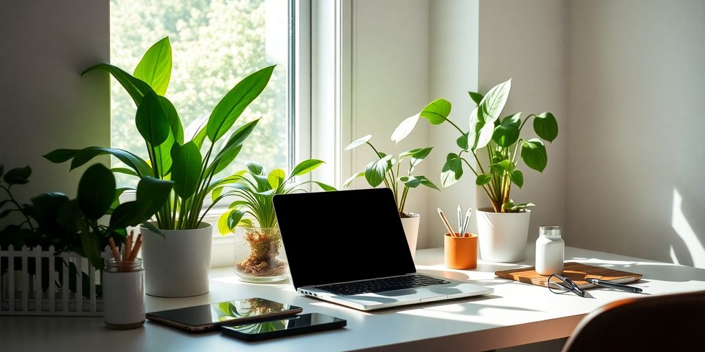 A peaceful workspace with plants and a laptop.