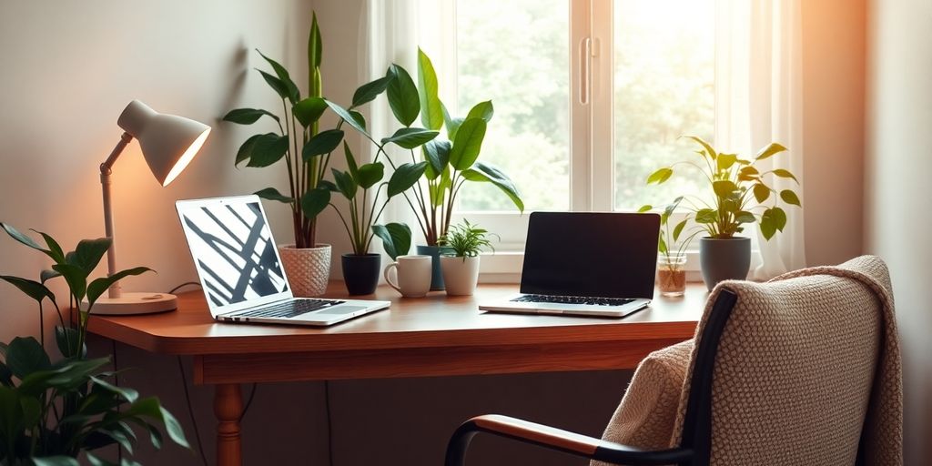 Cozy workspace with plants and soft lighting.